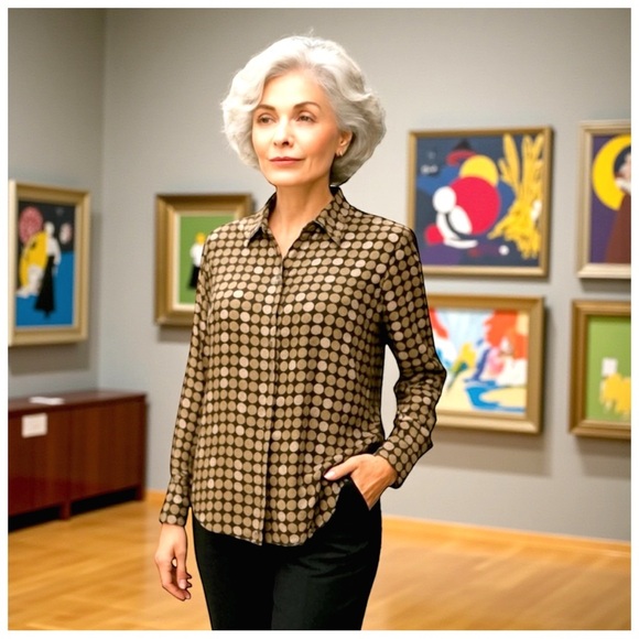 Chico's Women's Geometric Button-Down Shirt. Brown, Black, Gold. Size 1 - Picture 13 of 13